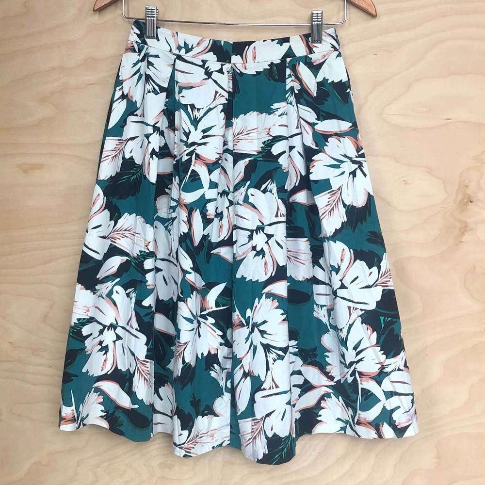 Y2K Pleated Midi Skirt Green Beige Floral Cotton Blend Womens Small